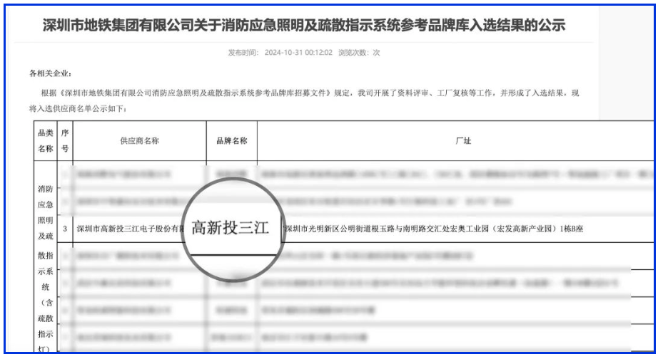 應急疏散系統廠家領導品牌！高新投三江入圍深圳市地鐵集團品牌庫